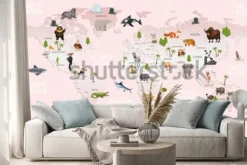 Naklejka: Mapa świata ze zwierzętami dla maluchów