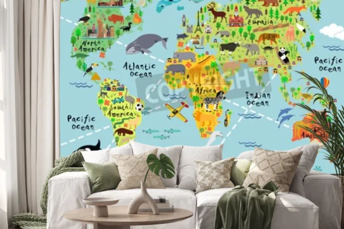 Naklejka: Mapa świata ze zwierzątkami dla dzieci