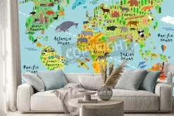 Naklejka: Mapa świata ze zwierzątkami dla dzieci