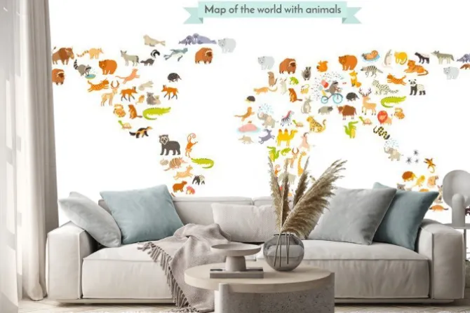 Naklejka: Mapa świata zwierząt z ikonkami