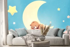 Naklejka: Miś śpiący na chmurce z księżycem