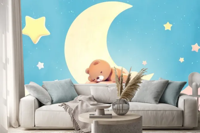 Naklejka: Miś śpiący na chmurce z księżycem