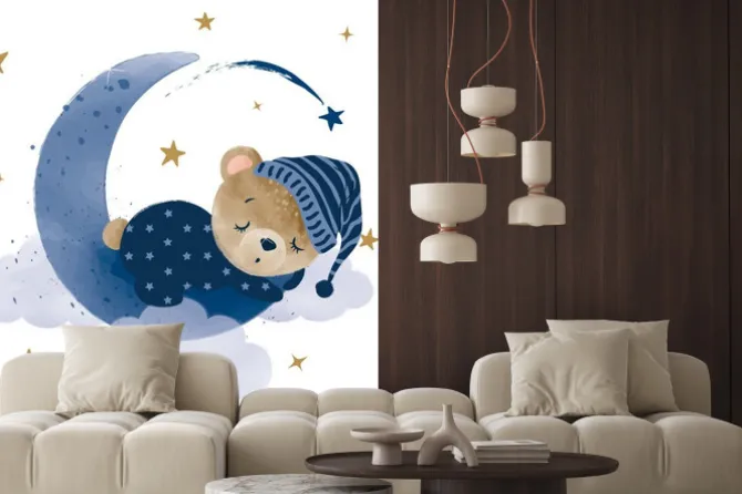 Naklejka: Miś śpiący na księżycu akwarela