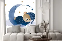 Naklejka: Miś śpiący na księżycu akwarela