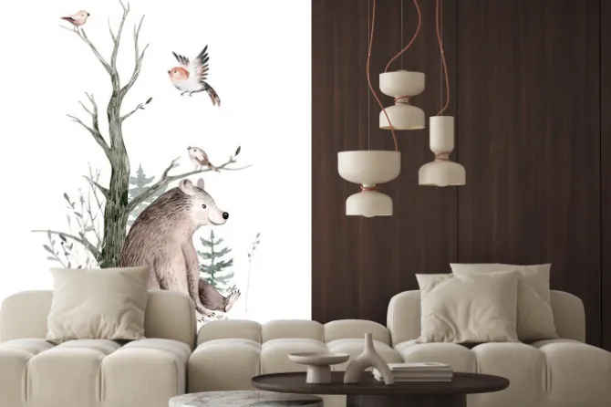 Naklejka: Miś pod drzewem i ptaki w stylu skandynawskim