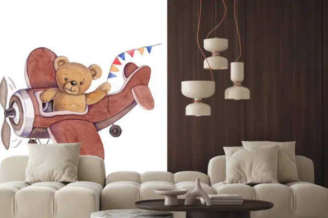 Naklejka: Miś w samolocie z proporczykami