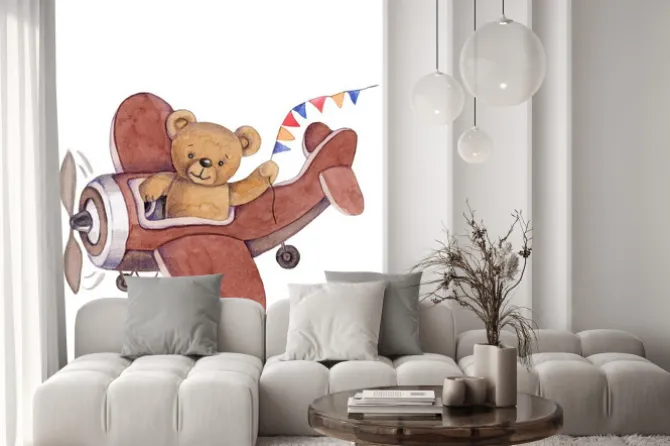 Naklejka: Miś w samolocie z proporczykami