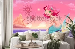 Naklejka: Młoda syrenka blisko brzeg. ilustracja kreskówka wektor