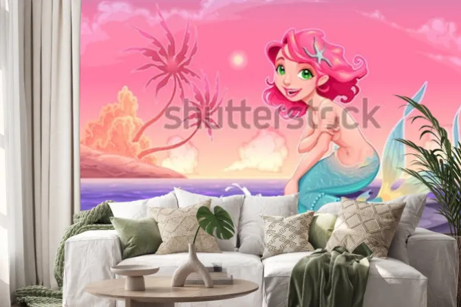 Naklejka: Młoda syrenka blisko brzeg. ilustracja kreskówka wektor