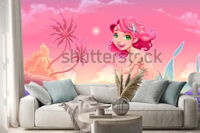 Naklejka: Młoda syrenka blisko brzeg. ilustracja kreskówka wektor