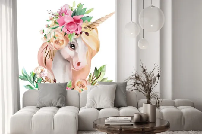 Naklejka: Namalowany portret jednorożca z kwiatami