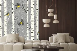 Naklejka: Śnieżni brzoz drzewa, ptaki na szarym tle i. połączony wektor