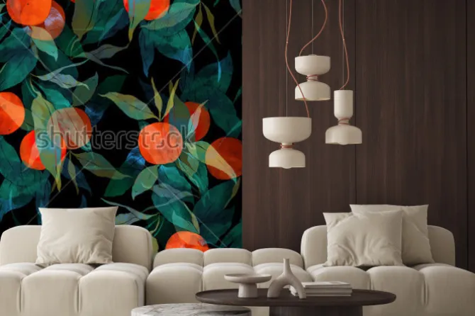 Naklejka: Odciska subtropical drzewo mandarynki z owocami i liśćmi. ręcznie