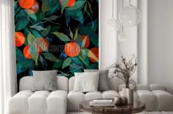 Naklejka: Odciska subtropical drzewo mandarynki z owocami i liśćmi. ręcznie