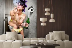 Naklejka: Paląca kobieta w toalecie z wałkami we włosach