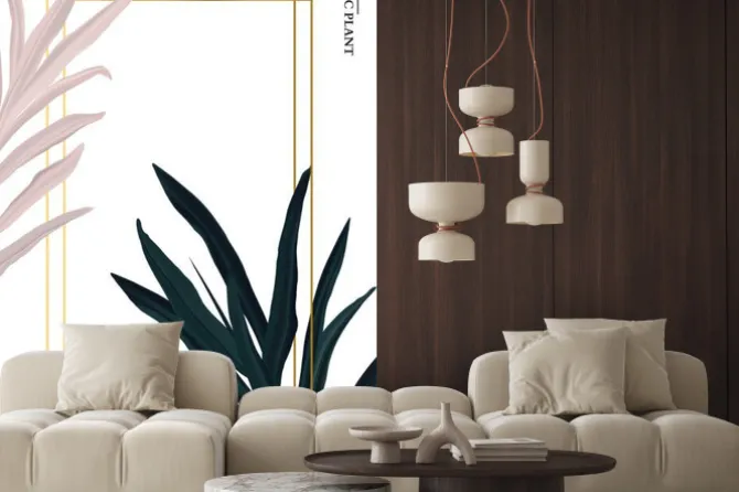 Naklejka: Palm pink and green in pastel colors, soft foliage leaves hand