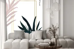 Naklejka: Palm pink and green in pastel colors, soft foliage leaves hand