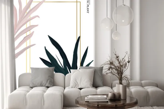 Naklejka: Palm pink and green in pastel colors, soft foliage leaves hand