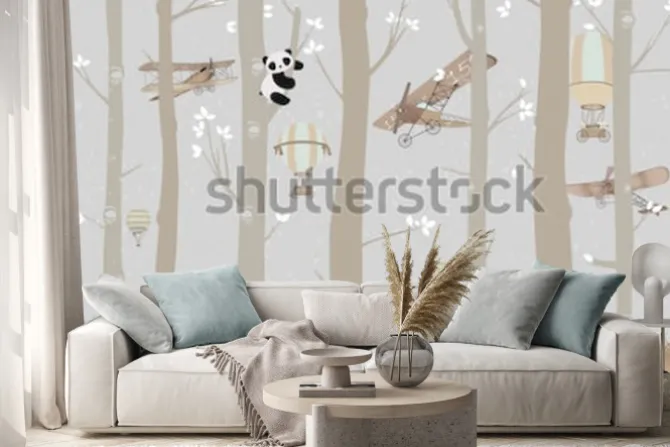 Naklejka: Pandy bawiące się w lesie na tle samolotów