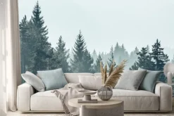 Naklejka: Panorama lasu sosnowego na białym tle