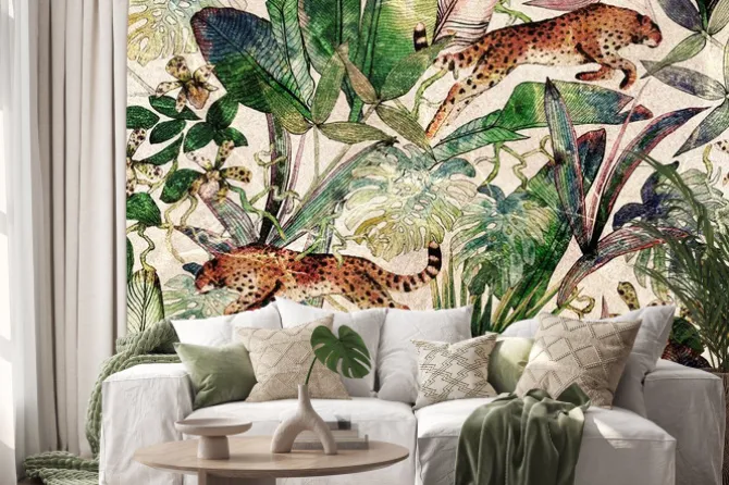 Naklejka: Pantery na egzotycznym wzorze retro