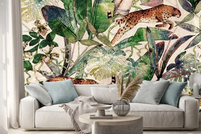 Naklejka: Pantery na egzotycznym wzorze retro