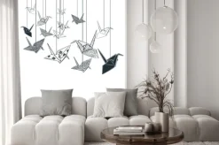 Naklejka: Paper cranes origami japanese chinese oriental vector ink style