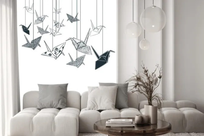 Naklejka: Paper cranes origami japanese chinese oriental vector ink style