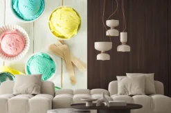 Naklejka: Pastel ice cream in white bowls, wood background, copy space