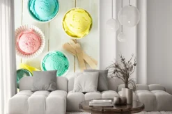 Naklejka: Pastel ice cream in white bowls, wood background, copy space