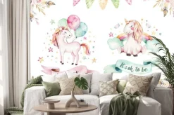 Naklejka: Pastelowe jednorożce z tęczą i balonami