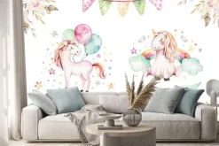 Naklejka: Pastelowe jednorożce z tęczą i balonami