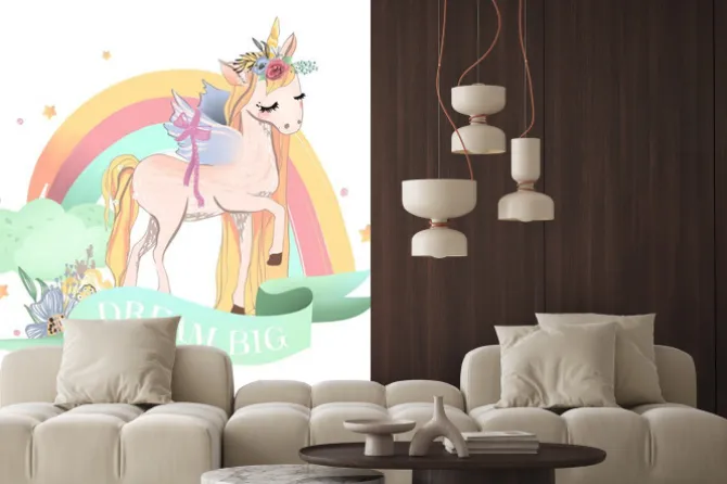 Naklejka: Pastelowy jednorożec na tle tęczy dla dzieci