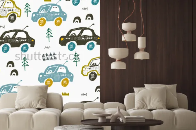 Naklejka: Pattern with cars. hand drawn autos on the road. scandinavian