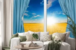 Naklejka: Pejzaż z widokiem przez okno z zasłonami