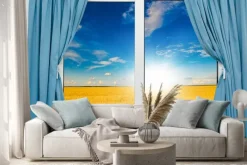 Naklejka: Pejzaż z widokiem przez okno z zasłonami