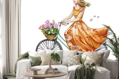 Naklejka: Piękna dziewczyna w sukience na rowerze
