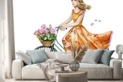 Naklejka: Piękna dziewczyna w sukience na rowerze