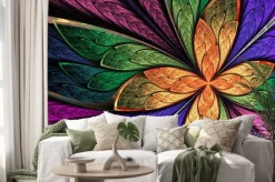 Naklejka: Piękne wielokolorowe fraktalna kwiat i motyl w zabrudzonym gl