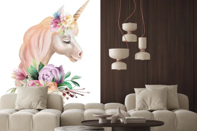 Naklejka: Piękny, ładny, akwarela jednorożca głowy z kwiatami, kwiatowy