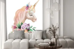 Naklejka: Piękny, ładny, akwarela jednorożca głowy z kwiatami, kwiatowy
