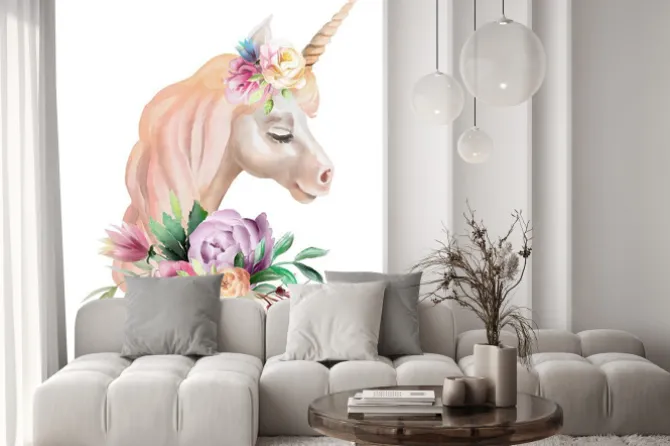 Naklejka: Piękny, ładny, akwarela jednorożca głowy z kwiatami, kwiatowy