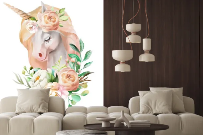 Naklejka: Piękny, ładny, akwarela jednorożca głowy z kwiatami, kwiatowy