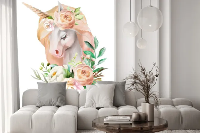 Naklejka: Piękny, ładny, akwarela jednorożca głowy z kwiatami, kwiatowy