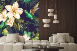 Naklejka: Piękny kolorowy colibri i plumeria kwitniemy na ciemnym tle.