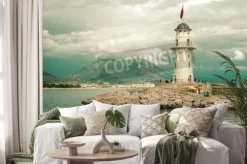 Naklejka: Piękny krajobraz przyrody z gór zakresie, pochmurne niebo i latarnia