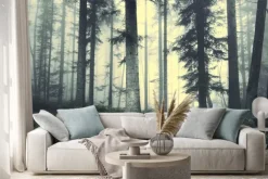 Naklejka: Piękny mglisty drzewo las bajkowy. magia mgliste światło w lesie.