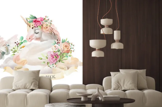 Naklejka: Piękny, uroczy, akwarela marzy jednorożca na chmurze z kwiatami,