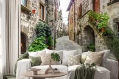 Naklejka: Piękny widok starych tradycyjnych domów i idyllicznym alejki