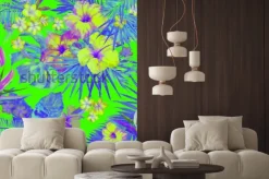 Naklejka: Piękny wzór zwrotnika z malowaniem kwiatów hibiskusa i rajskiego